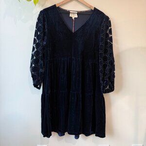 Umgee Navy Velvet Lace Sleeve Babydoll Dress NWT Boho Tunic Size Large